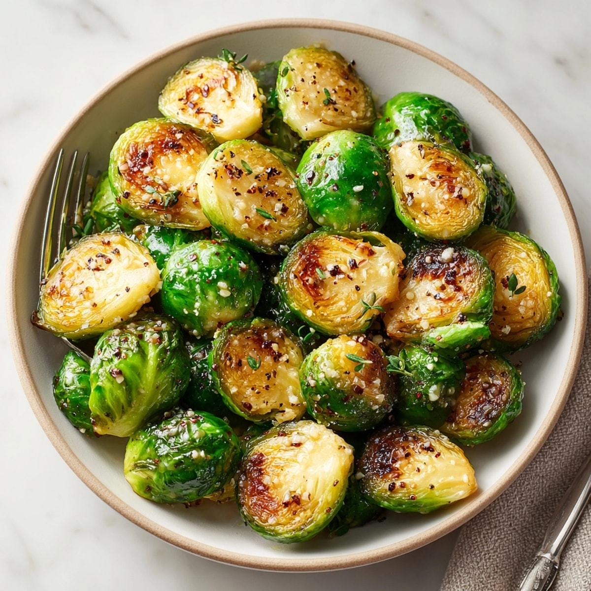 Freshly roasted Maple Dijon Glazed Brussels Sprouts, steam rising, perfect for a cozy holiday side dish.
