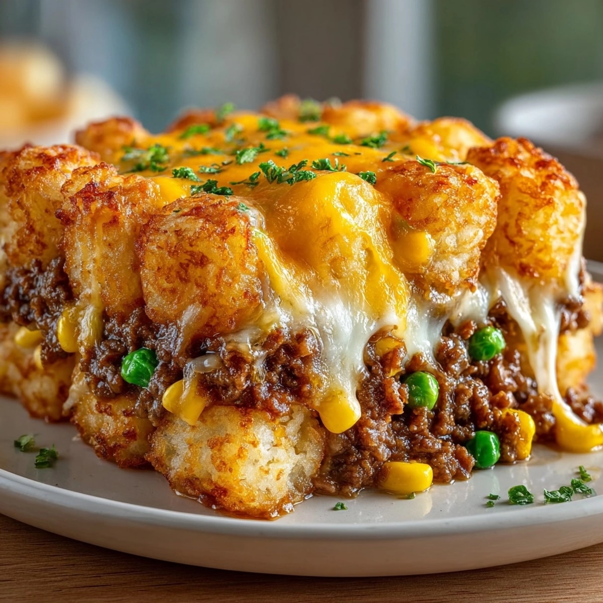 Golden tater tot casserole fresh from the oven, topped with melted cheddar cheese