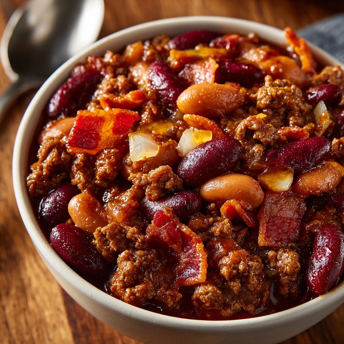 Hearty calico bean casserole served hot in a rustic baking dish, topped with crispy bacon.