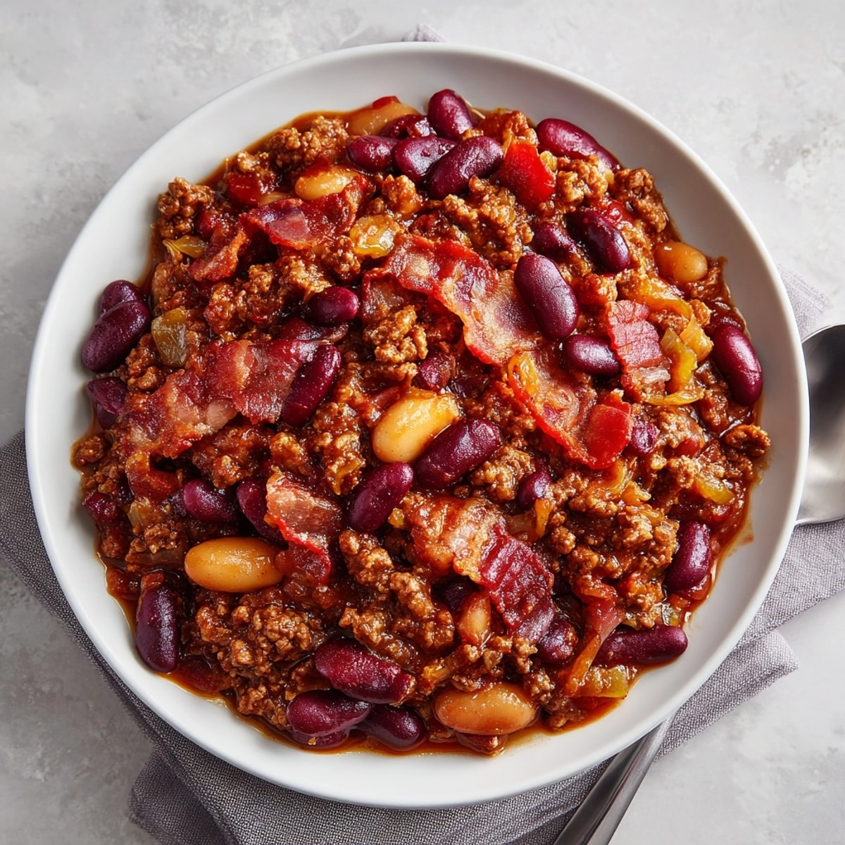 Close-up of calico bean casserole featuring bubbling cheese and golden, caramelized edges.