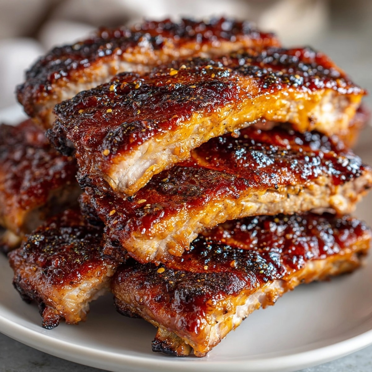 Juicy grilled baby back ribs with caramelized barbecue sauce, perfect for summer backyard gatherings.