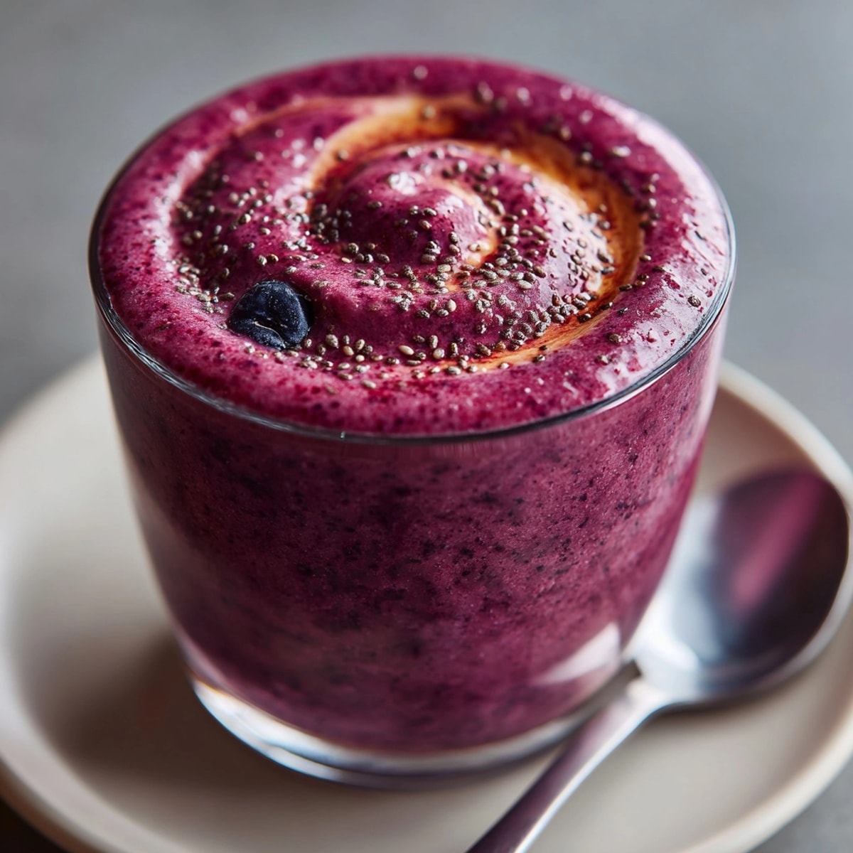Deep purple Purple People Eater Smoothie in glass, topped with fresh berries, served cold.
