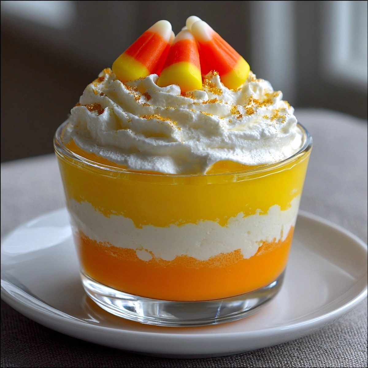 Candy Corn Jello Parfaits: Tri-layered dessert with yellow, orange gelatin and fluffy white topping.