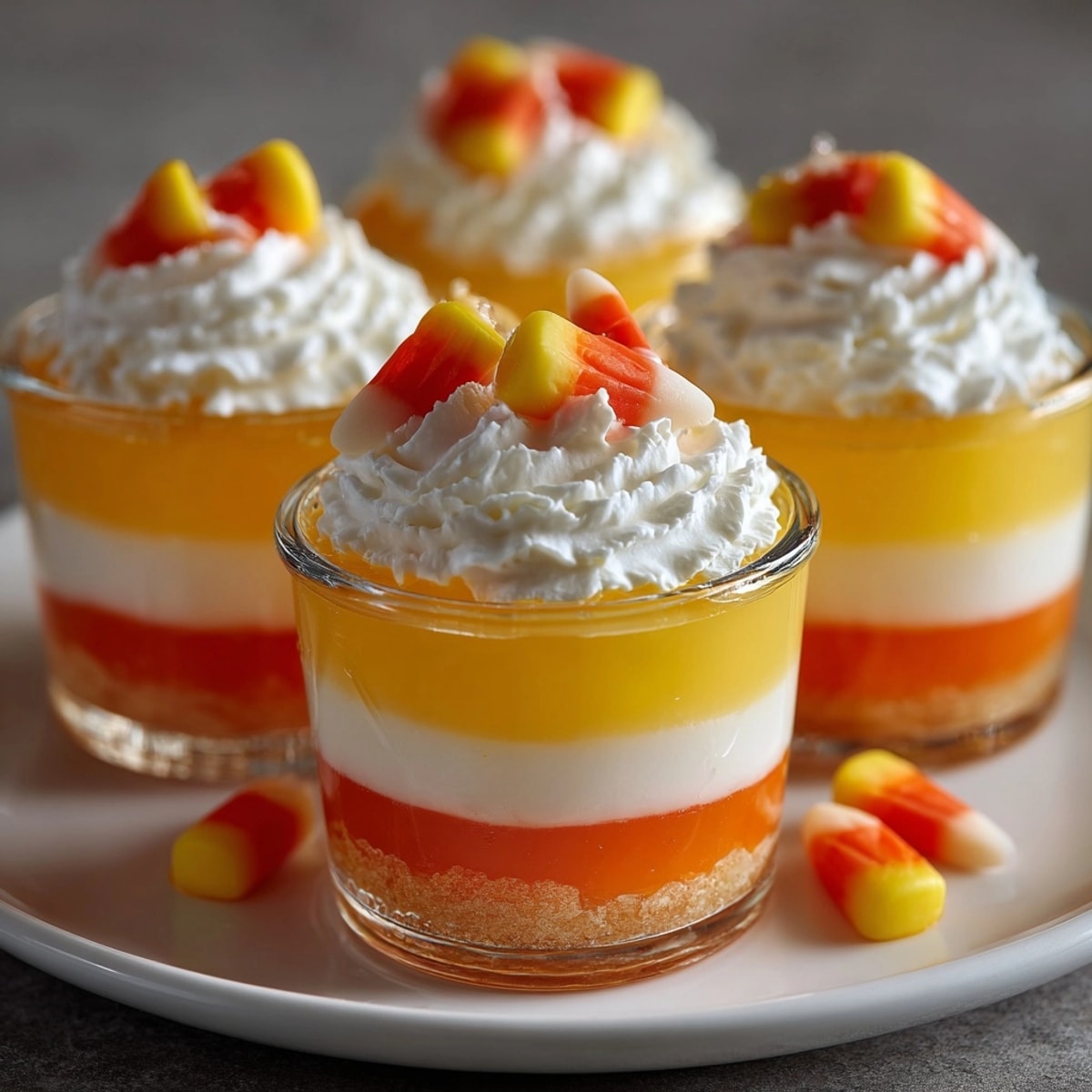 Homemade Candy Corn Jello Parfaits, a sweet Halloween treat ready to be devoured.
