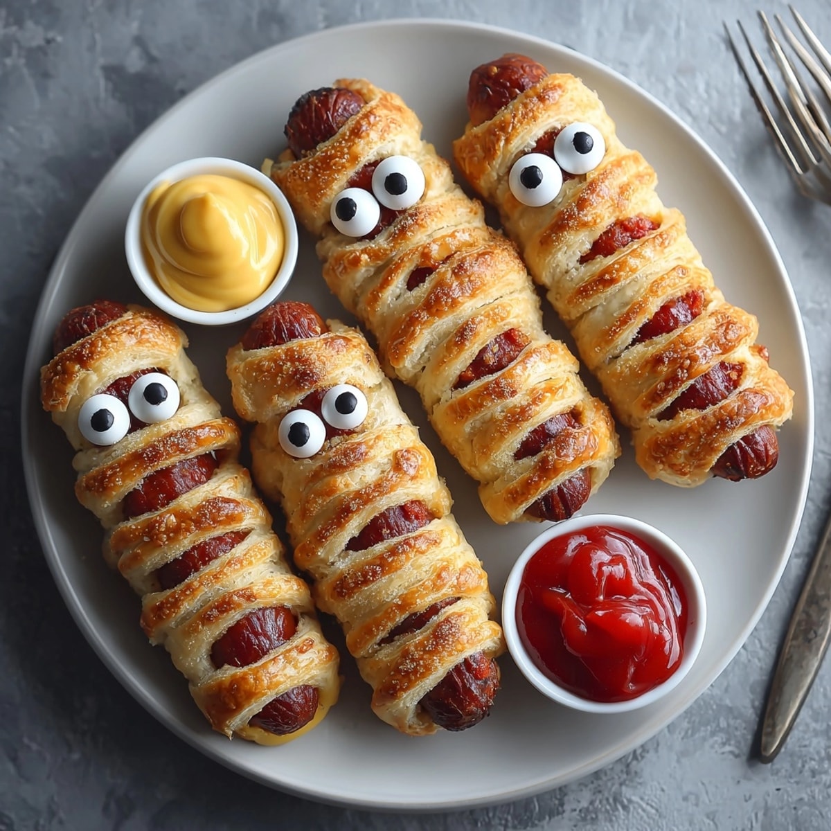 Golden, flaky Vegan Mummy Dogs, fresh from the oven, ready to be dipped.