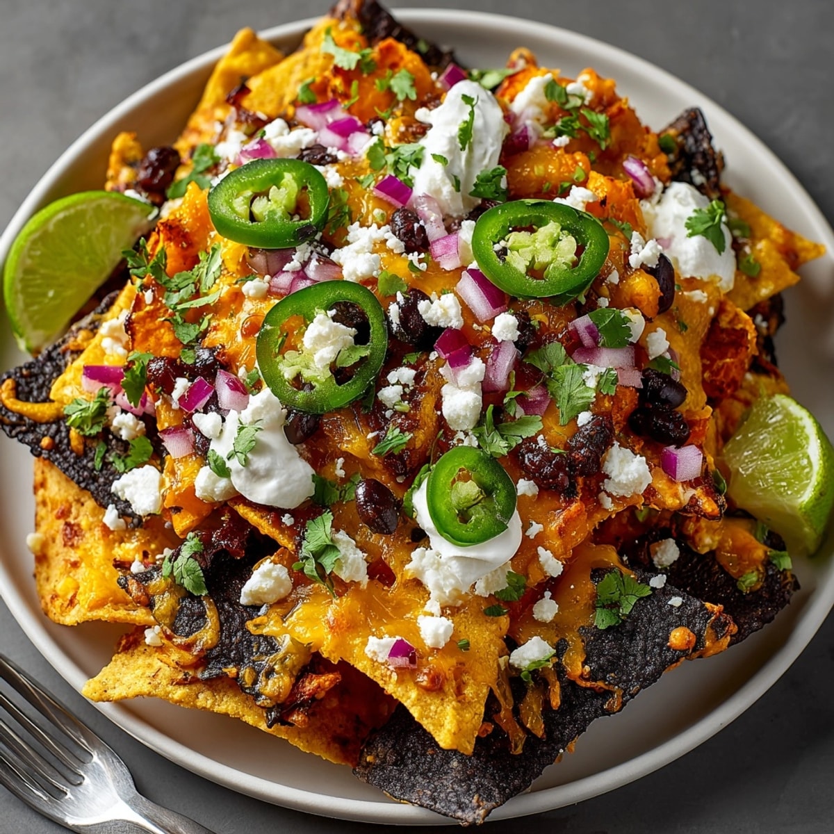 Loaded Midnight Nachos: Crispy chips piled high with smoky sweet potato & cheddar.