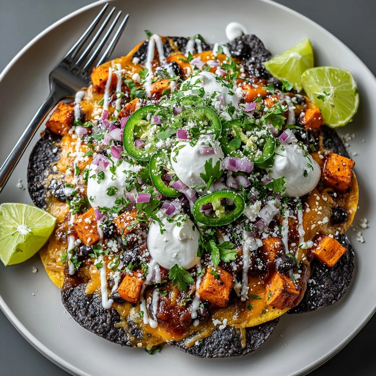 Savory Midnight Nachos recipe: Black beans, roasted sweet potatoes, and lime-kissed sour cream.
