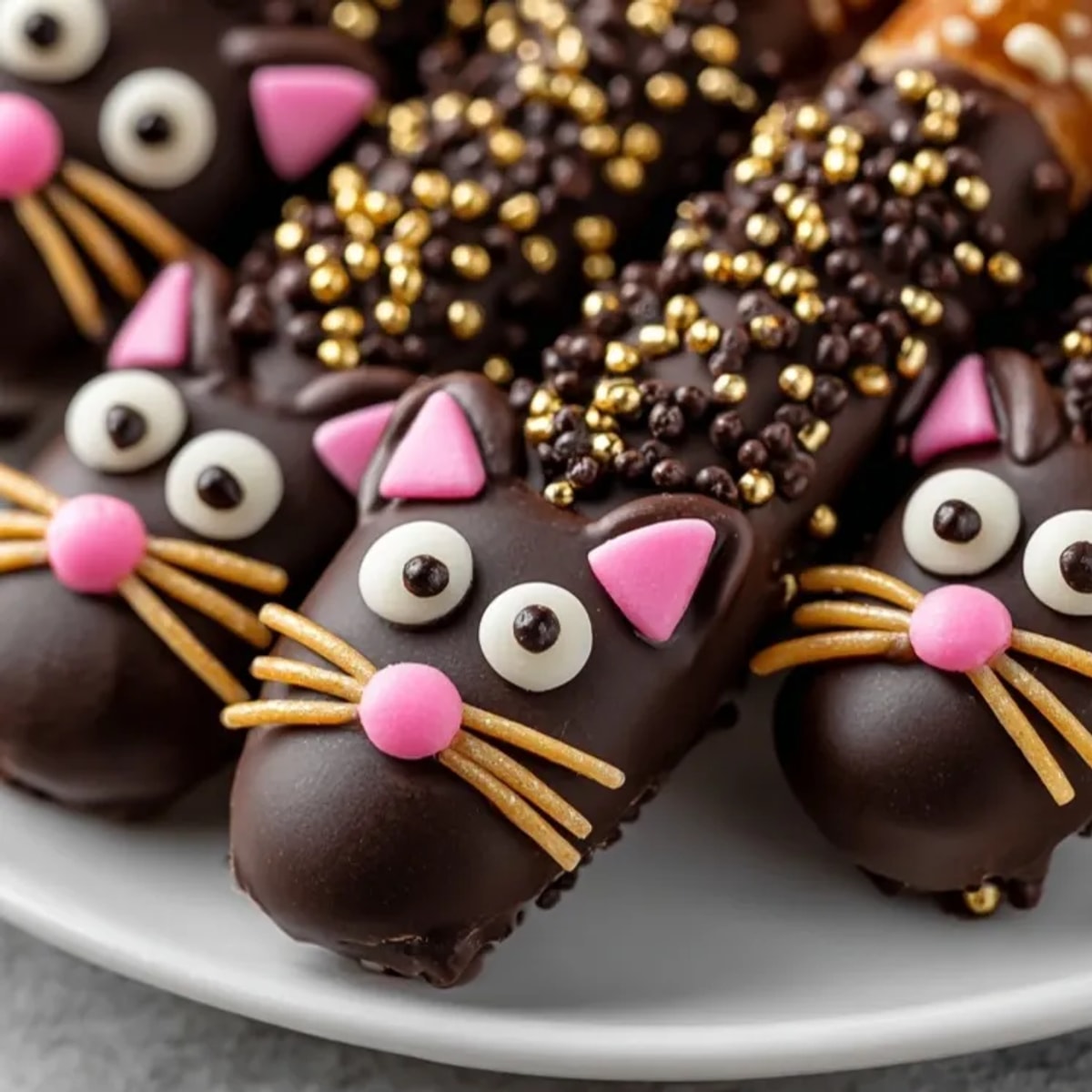 Black Cat Pretzel Rods coated in dark chocolate with candy eyes—whimsical Halloween treats.
