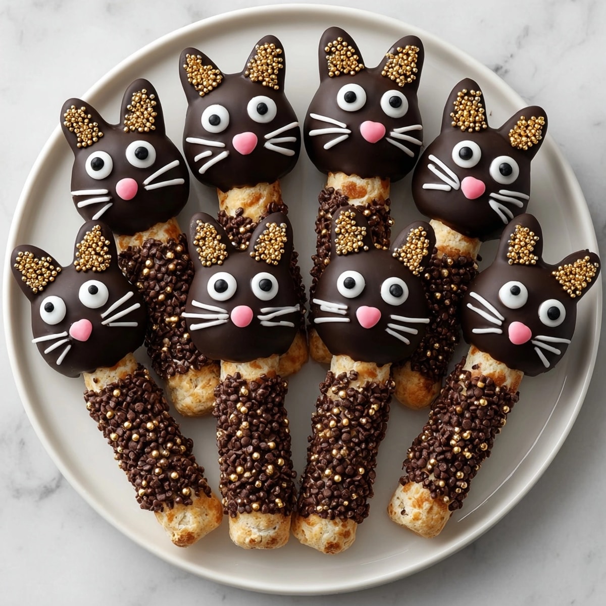Homemade Black Cat Pretzel Rods—rich, chocolatey, and whimsically decorated for a Halloween dessert staple.