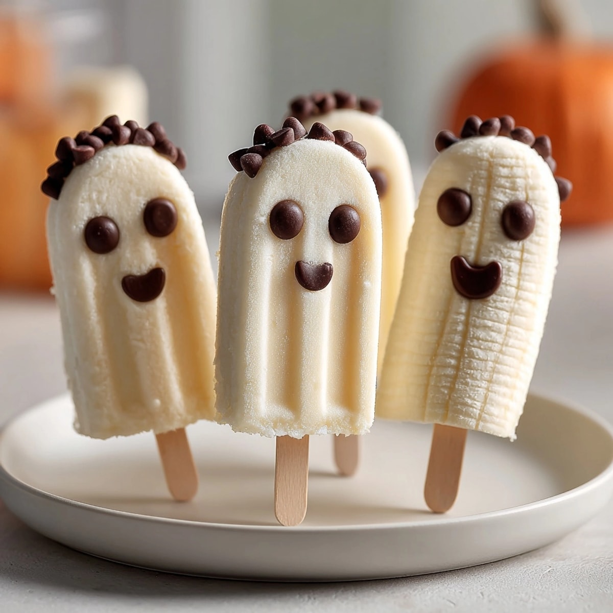 Boo-nana Yogurt Ghost Pops, frozen and creamy, smiling sweetly from a parchmented tray.