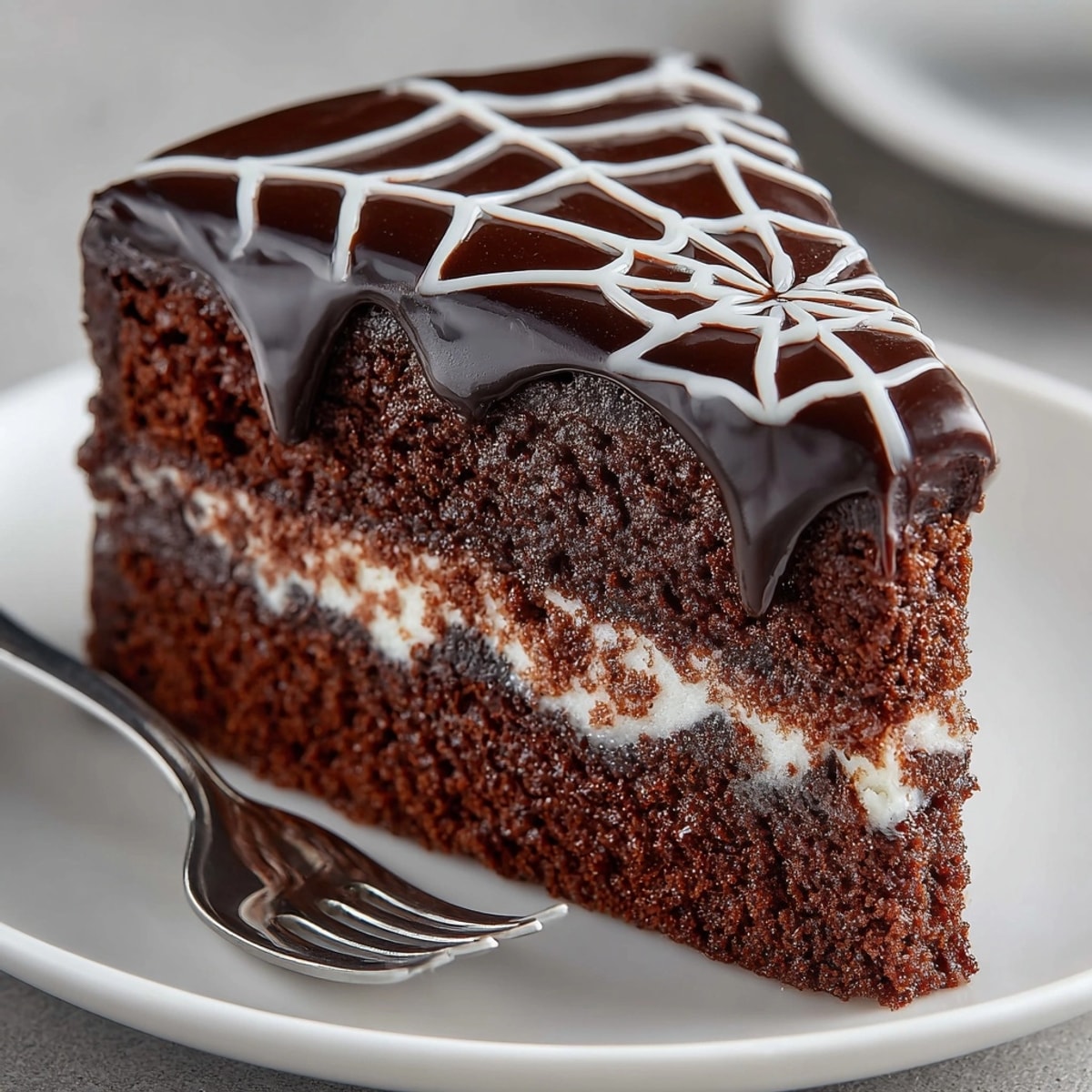Rich Chocolate Spiderweb Cake glistening with dark ganache and artistic white chocolate design.