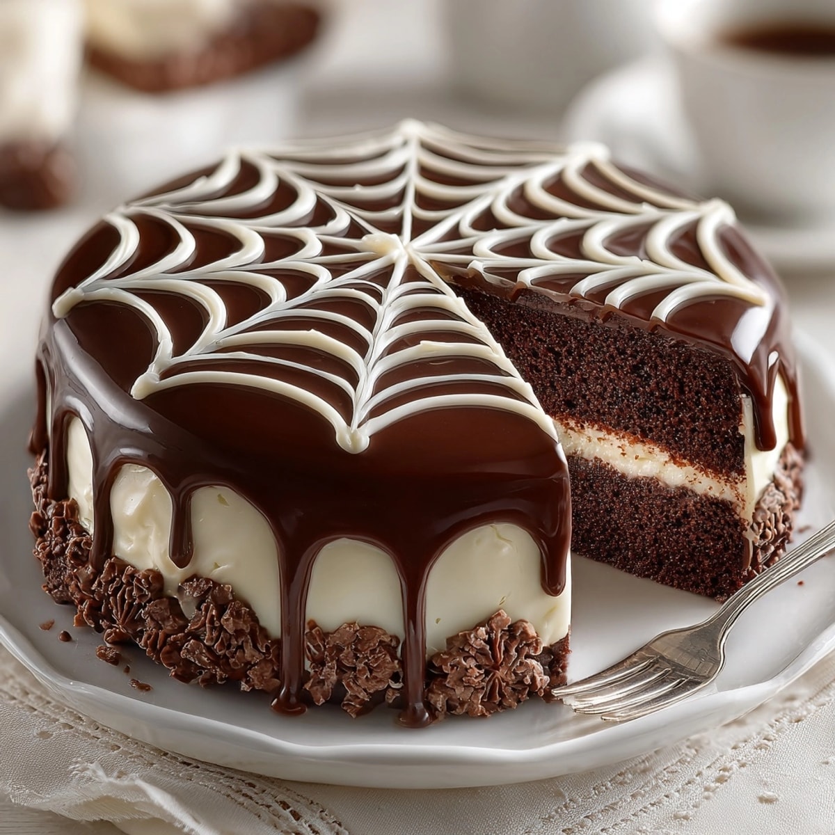 Decadent Chocolate Spiderweb Cake with smooth ganache beckons, ready for Halloween dessert.