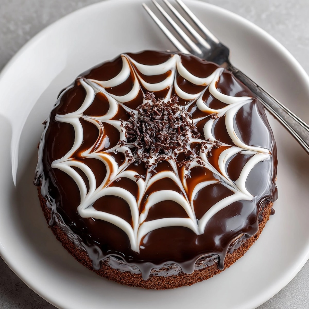 Homemade Chocolate Spiderweb Cake: Moist, dark layers topped with creamy ganache frosting.