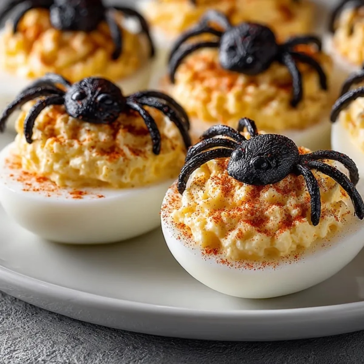 Creamy Spooky Spider Deviled Eggs with olive spiders, a savory, whimsical Halloween appetizer.
