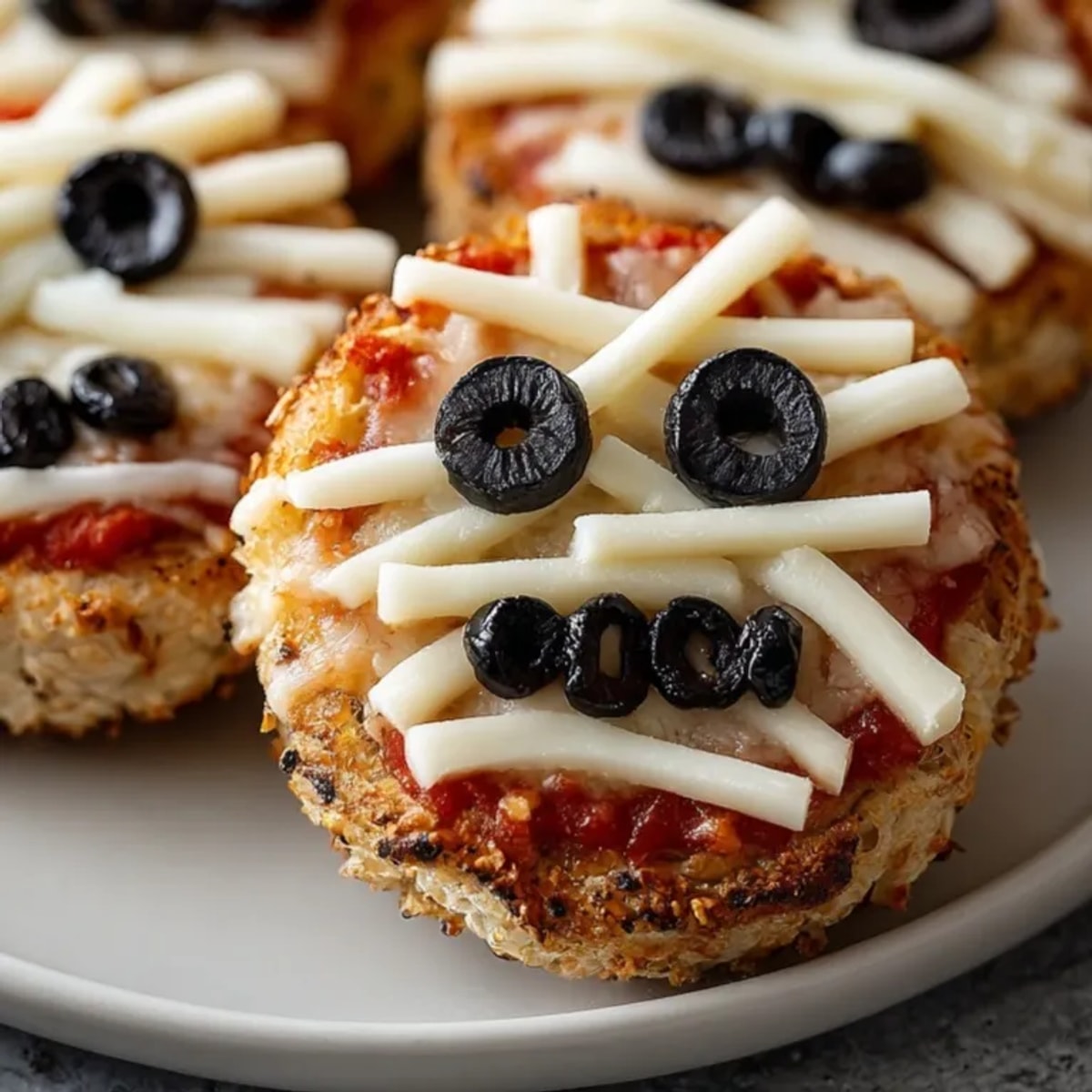 Golden brown, bubbly Mummy Pizza Bagel Bites fresh from the oven, ready to serve.