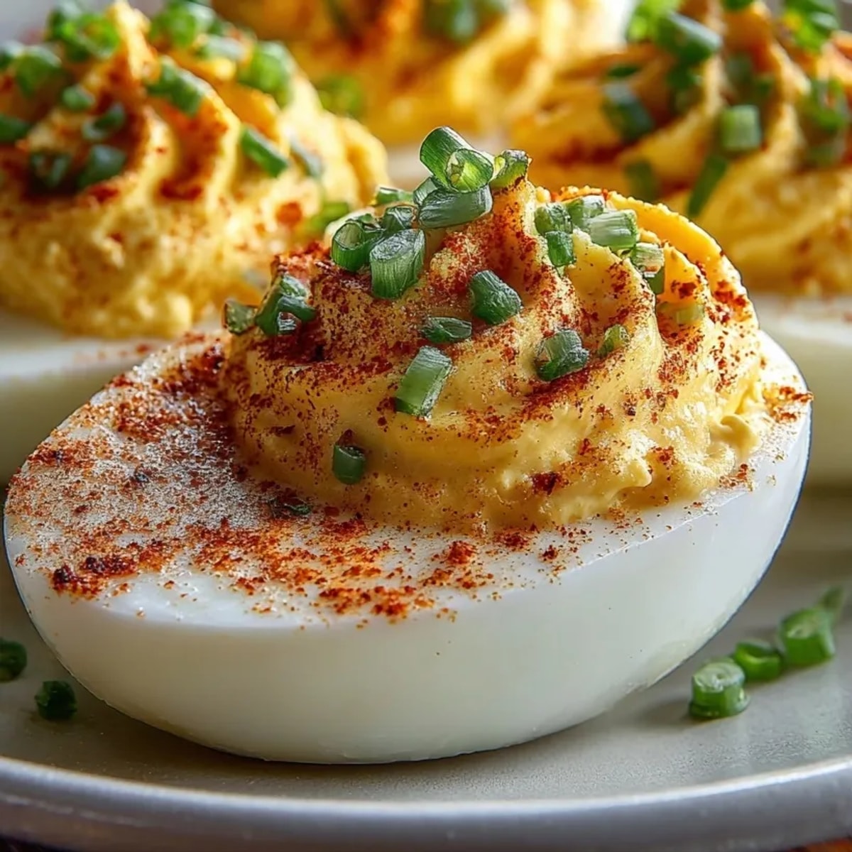 Creamy Ghost Pepper Deviled Eggs: Chilled spicy appetizer, paprika-dusted and ready to serve.