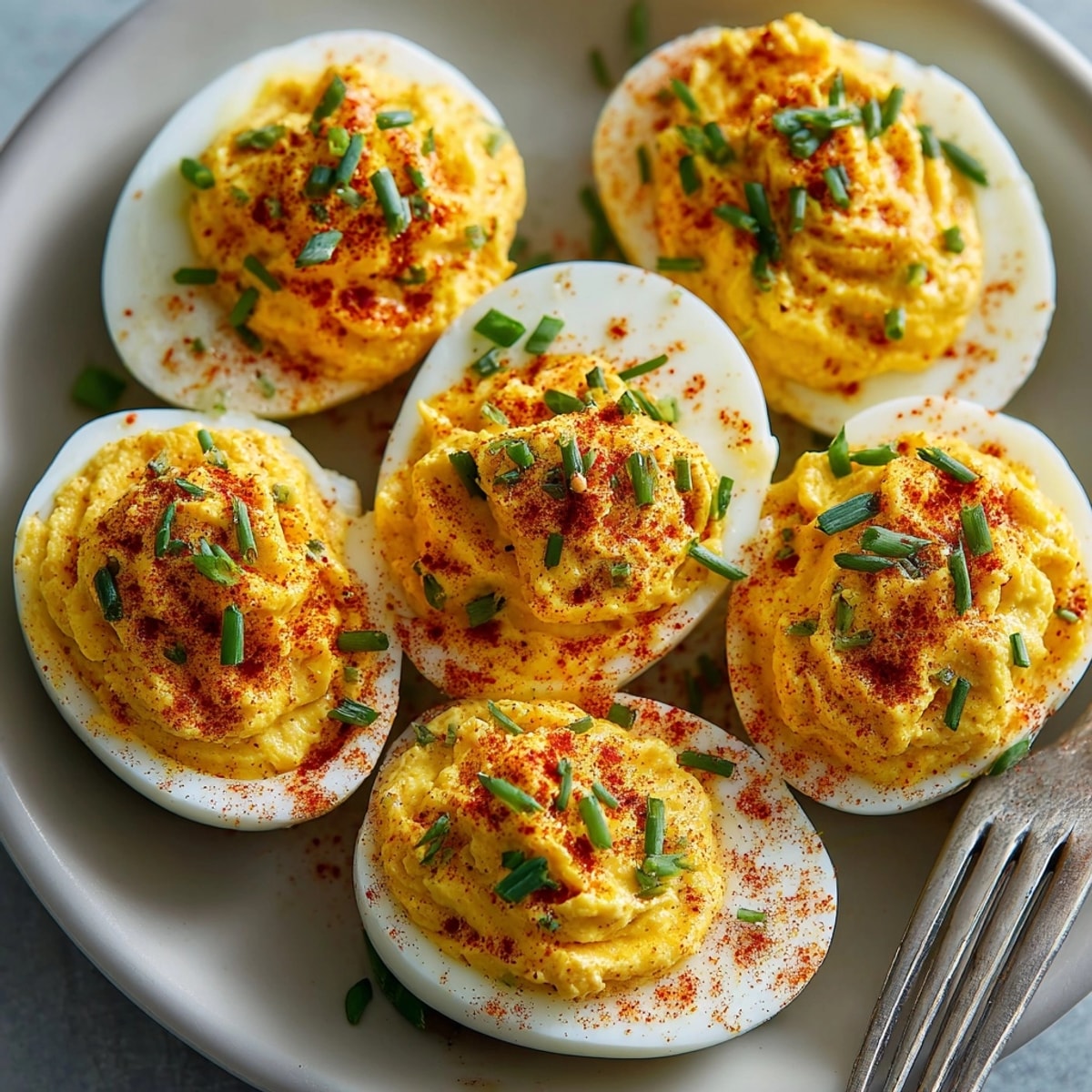 Spicy Ghost Pepper Deviled Eggs recipe, vibrant filling piped into cool egg halves.