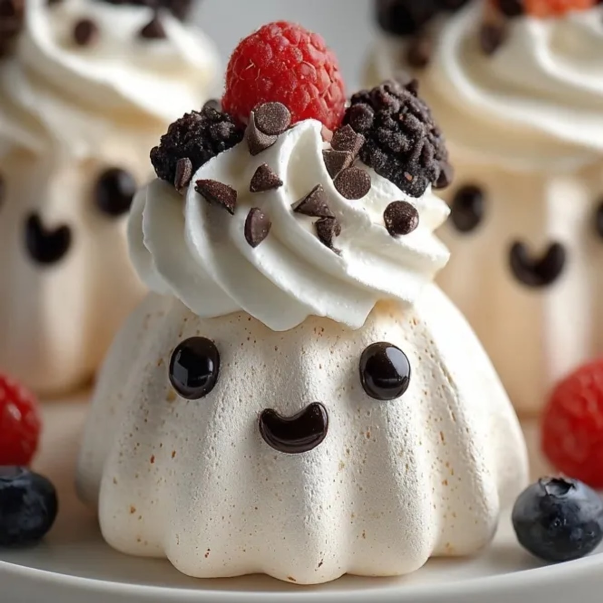 Ghostly Poltergeist Pavlovas: Crisp meringue ghosts with soft cream, topped with juicy berries.