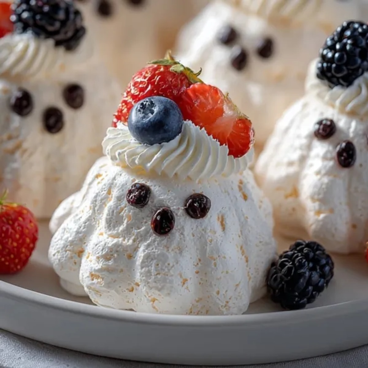 Homemade Poltergeist Pavlovas, airy and spooky, ready for a Halloween party dessert table.