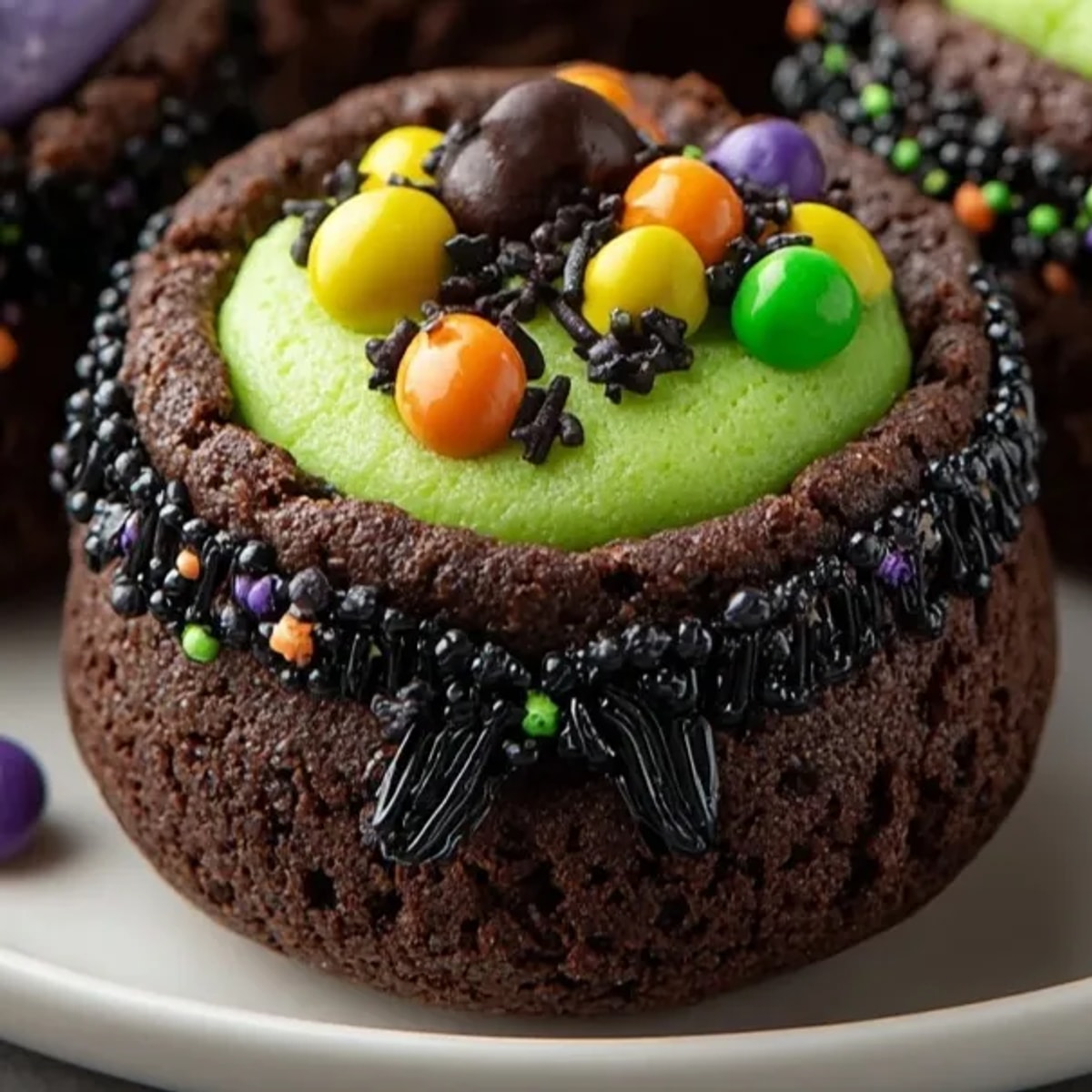 A spooky-sweet treat! Edible Witch Cauldrons brim with colorful candy, ready for a Halloween feast.