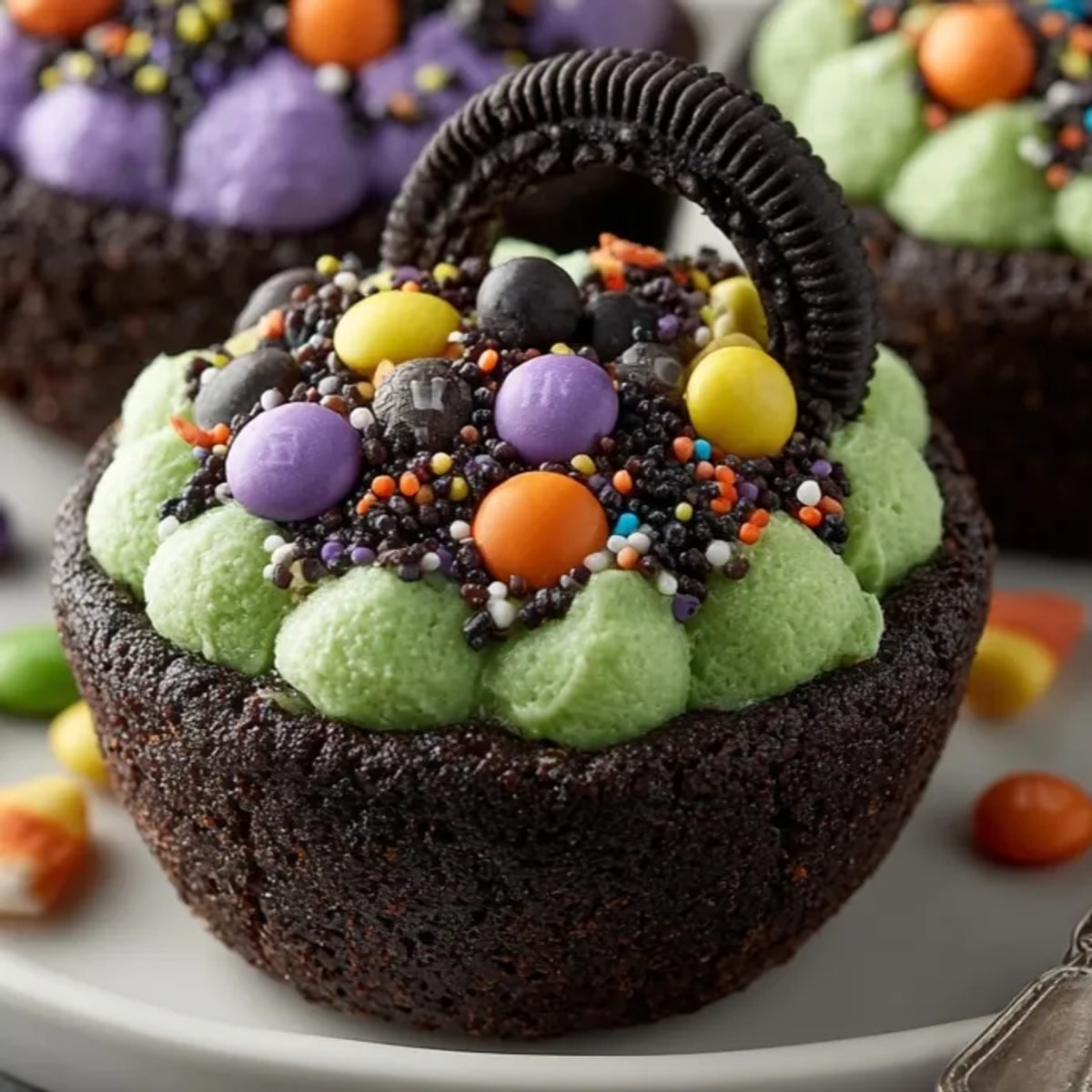 Close up: Rich chocolate coats these Edible Witch Cauldrons, filled high with shimmering potion candies.