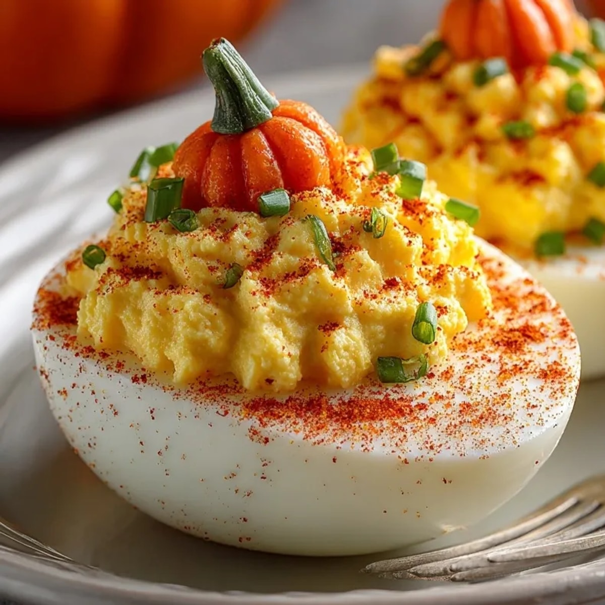 Creamy Jack-o'-Lantern Deviled Eggs, dusted with paprika for a festive Halloween appetizer.