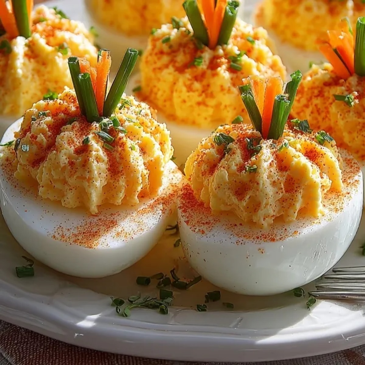 Close-up of vibrant Jack-o'-Lantern Deviled Eggs, chive stems creating charming pumpkin details.