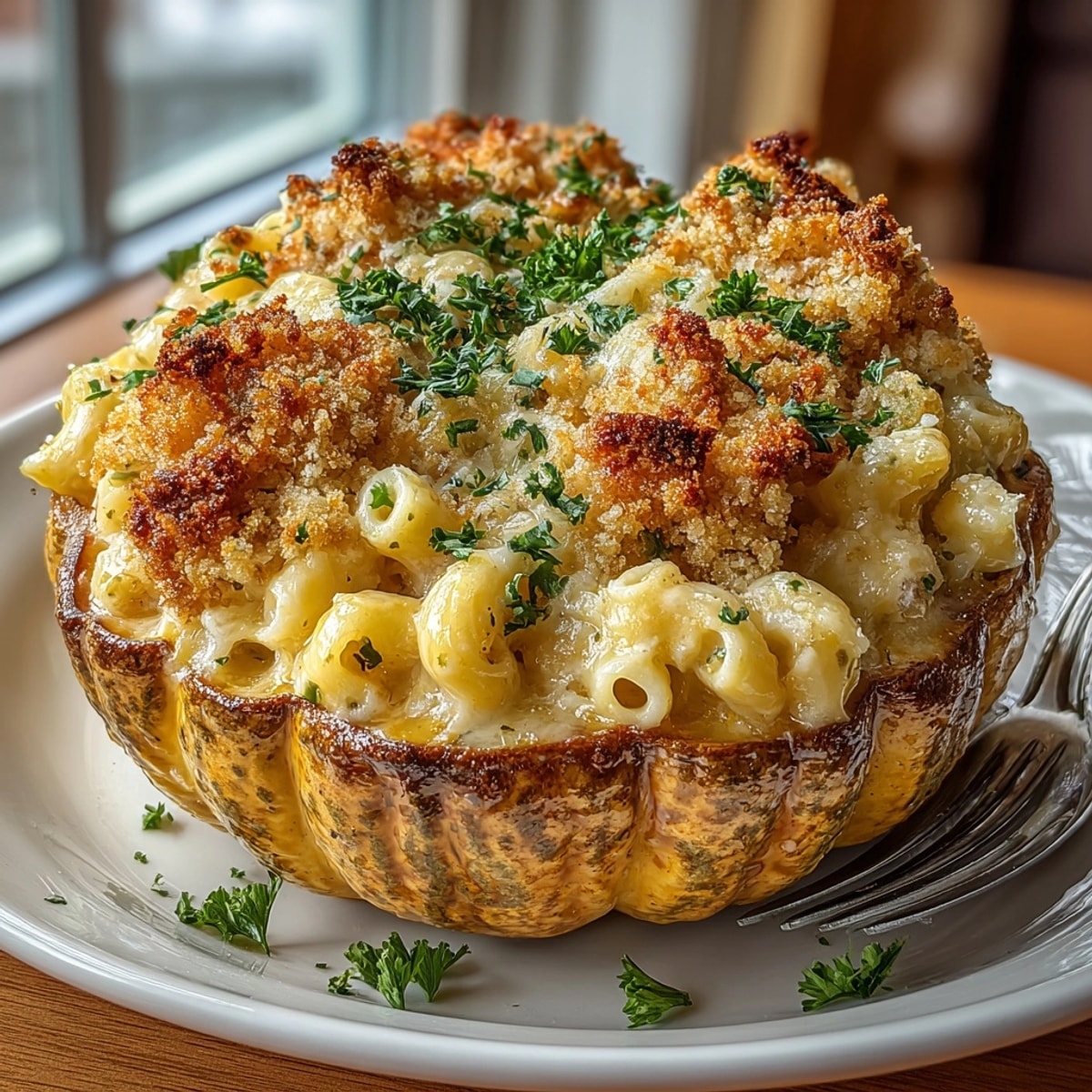Golden, bubbly Mac-O-Lantern and Cheese baked inside a sweet pumpkin, ready to serve.