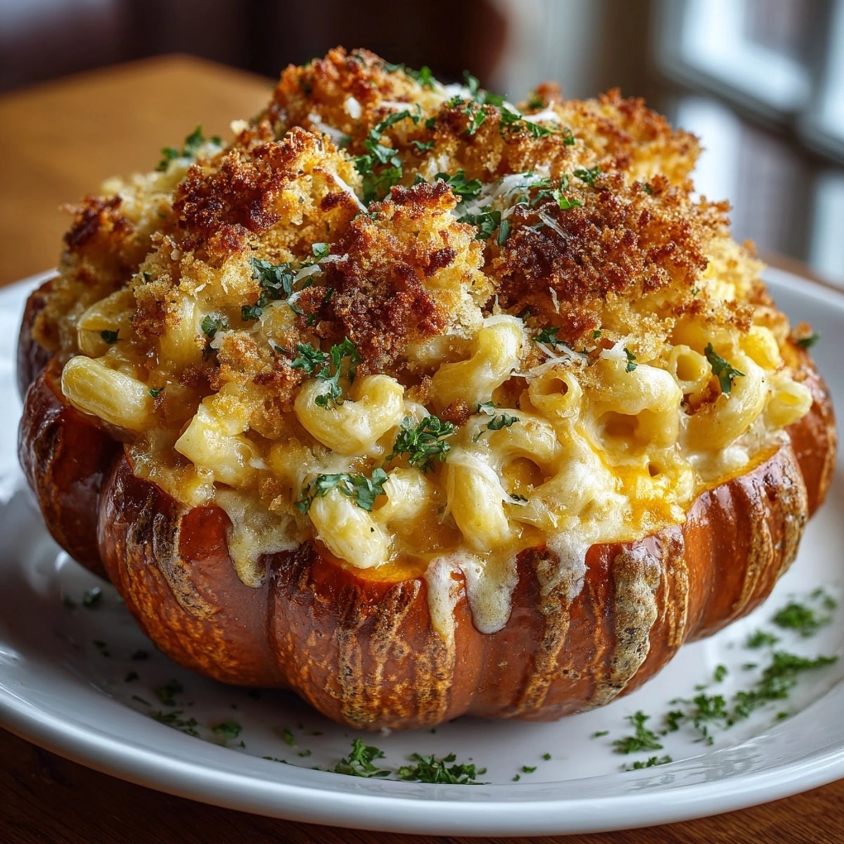 Creamy Mac-O-Lantern and Cheese, scooped directly from a baked sugar pumpkin, steaming hot.