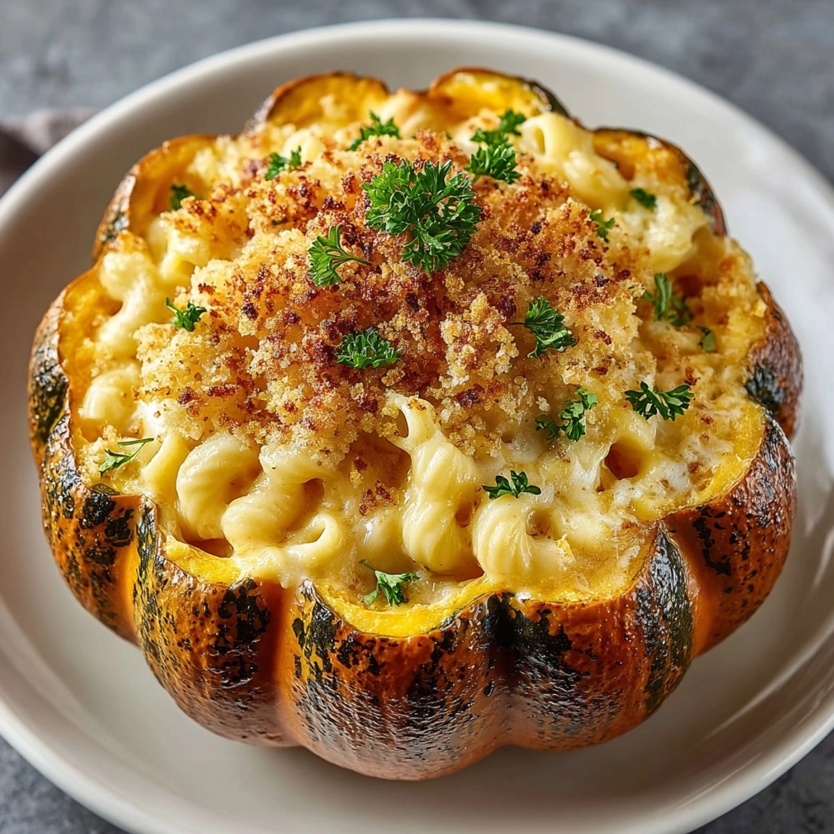 Homemade Mac-O-Lantern and Cheese recipe: cozy autumn dinner in a festive pumpkin shell.