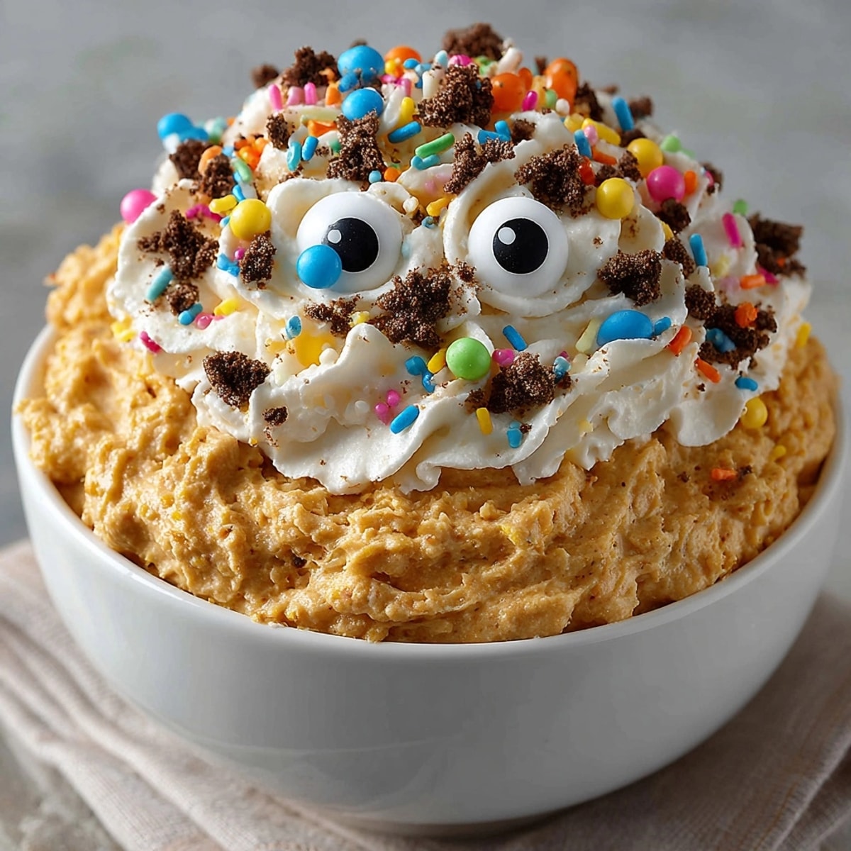 Creamy Fluffy Pumpkin Spice “Monster” Dip, ready to eat with graham crackers.