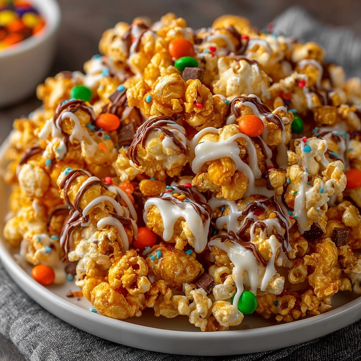 Golden Pumpkin Spice Popcorn with Candy Drizzle, a sweet, spiced snack for sharing.