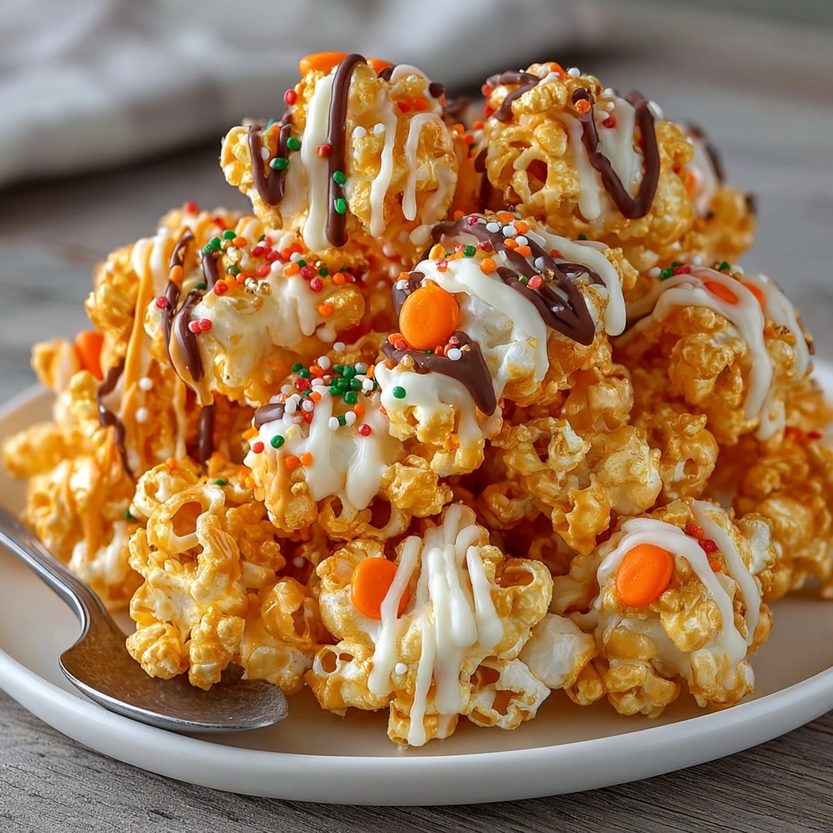Imagine crunchy Pumpkin Spice Popcorn with Candy Drizzle, ready for a festive fall movie night.