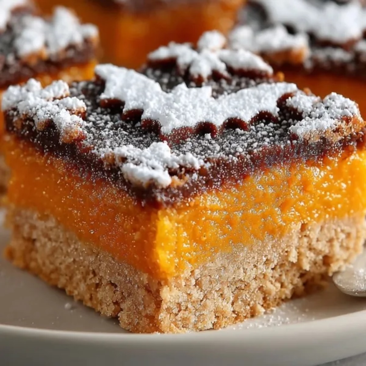 Pumpkin Pie Bars: Rich, spiced pumpkin filling baked atop a buttery chocolate bat crust.