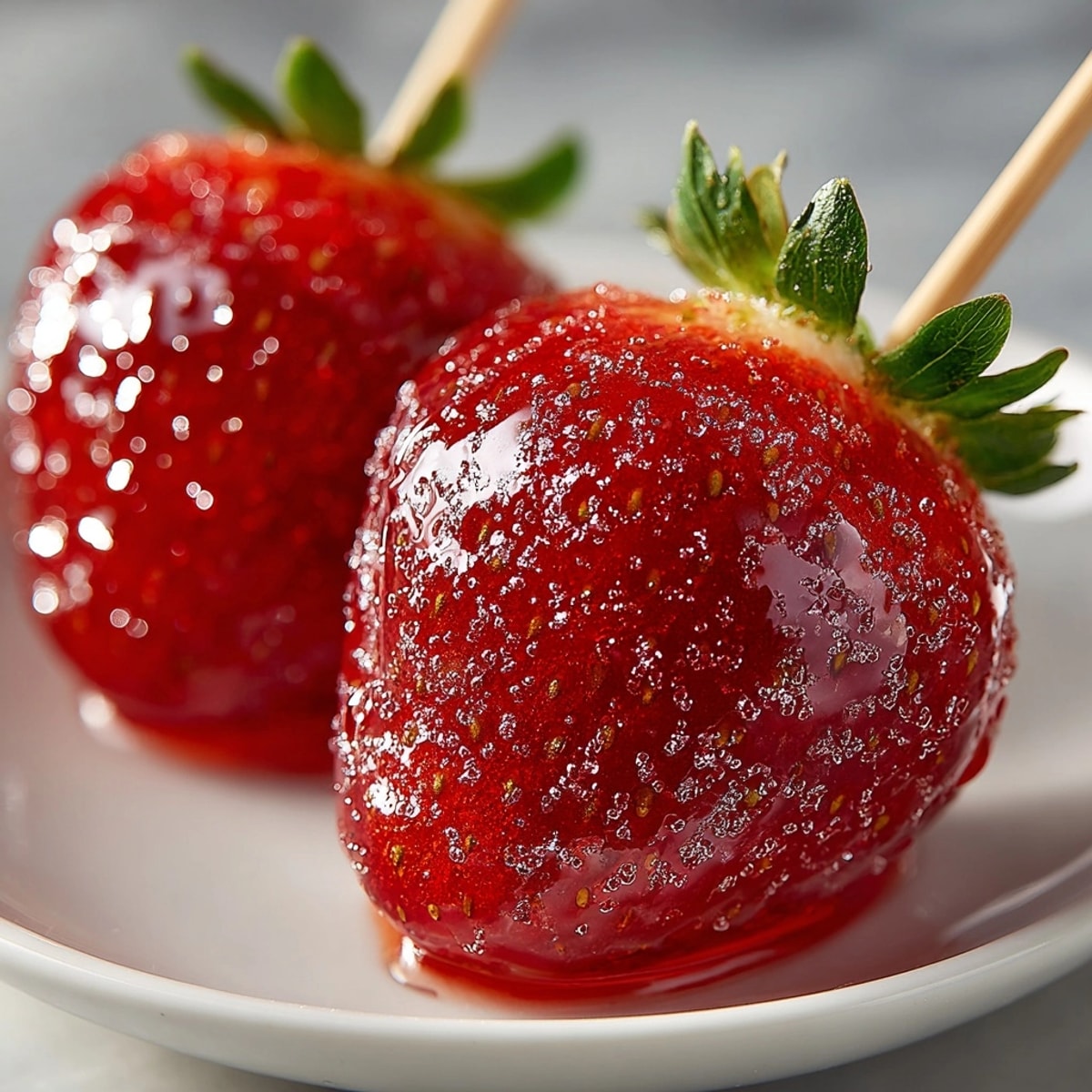 Shiny, bright-red candied strawberry tanghulu gleam, arranged on parchment, ready for serving.
