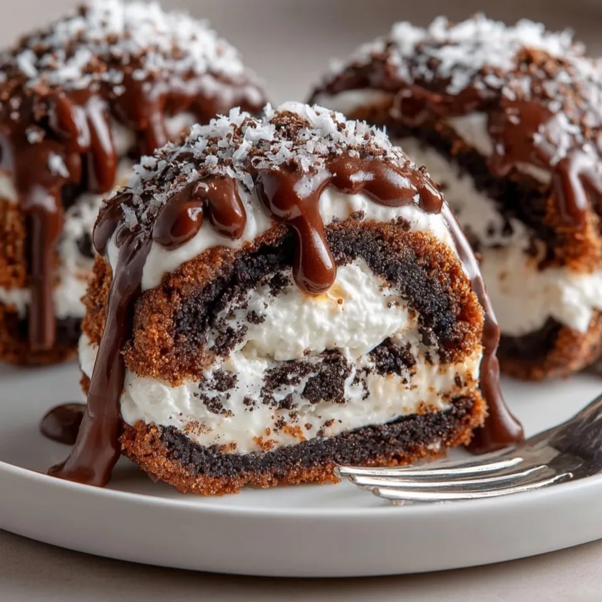 Close-up of Oreo Sushi Rolls drizzled in dark chocolate and sprinkled; playful dessert.