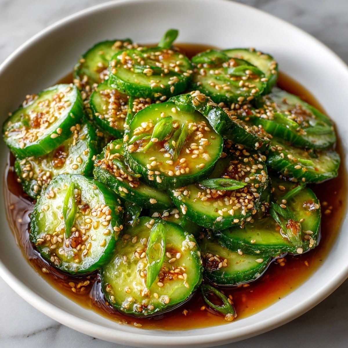 Crisp Soy Garlic Cucumber Salad with a glistening, flavorful dressing, ready to serve.