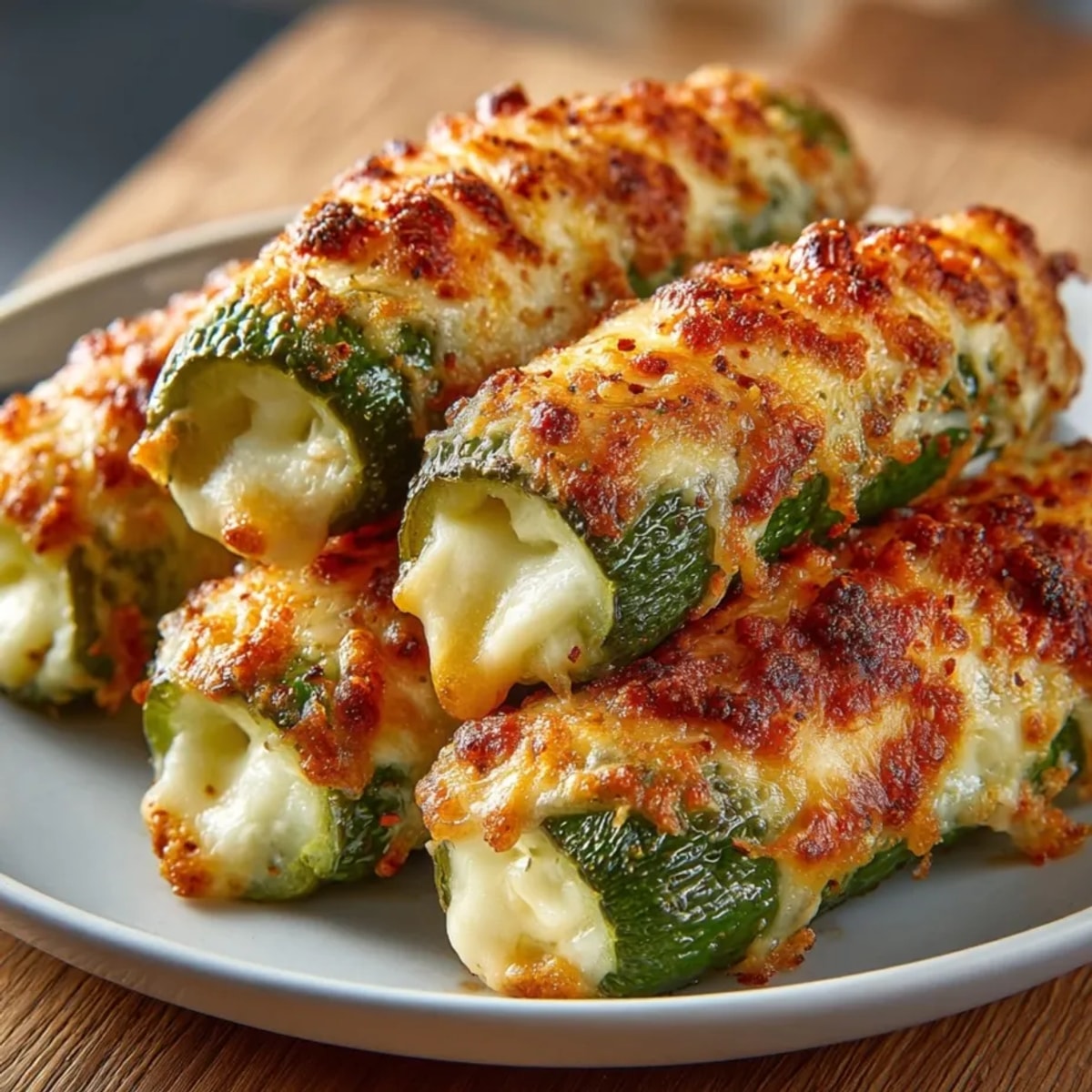 Golden, bubbly melted cheese wraps a juicy dill pickle in these Cheese-Wrapped Pickles.