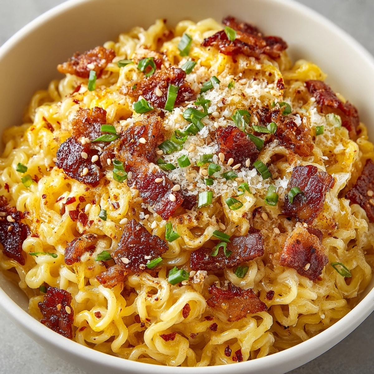Creamy, comforting Spicy Ramen Carbonara, garnished with scallions, ready to eat in a shallow bowl.