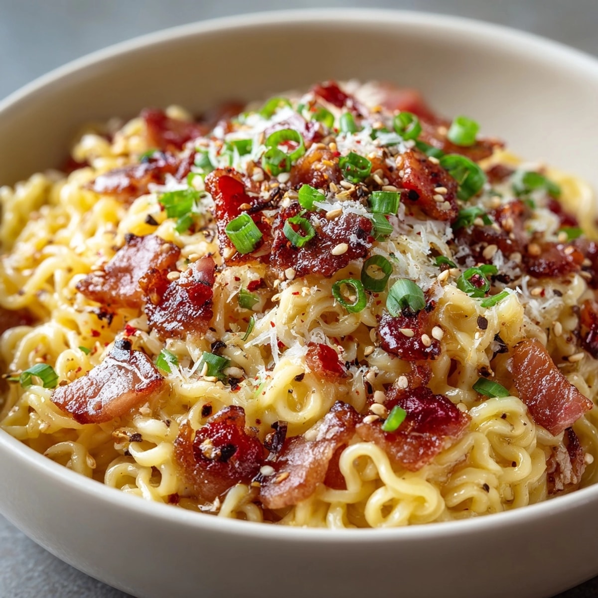 Homemade Spicy Ramen Carbonara: A fusion dish with crisp pancetta and an addictive egg sauce.