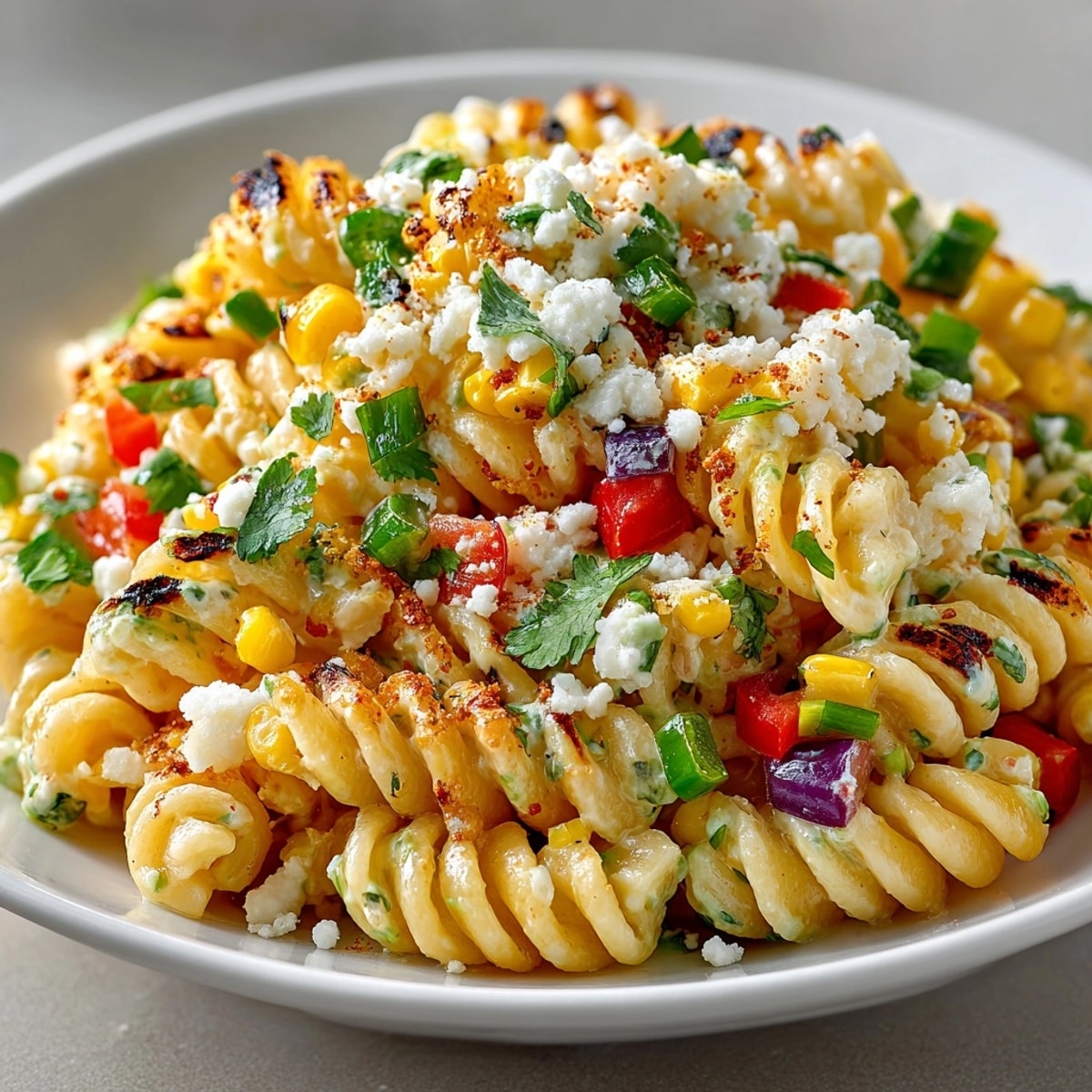Creamy Mexican Street Corn Pasta Salad ready to serve, garnished with fresh herbs.