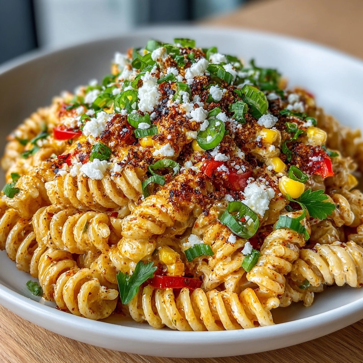 Close-up view of vibrant Mexican Street Corn Pasta Salad: pasta, corn, and cotija.