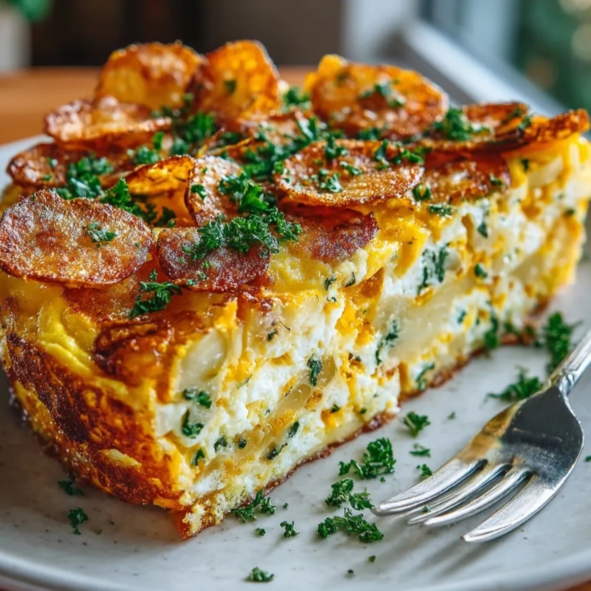 Fluffy Potato Chip Omelet sizzling in a pan, bits of crispy potato visible.