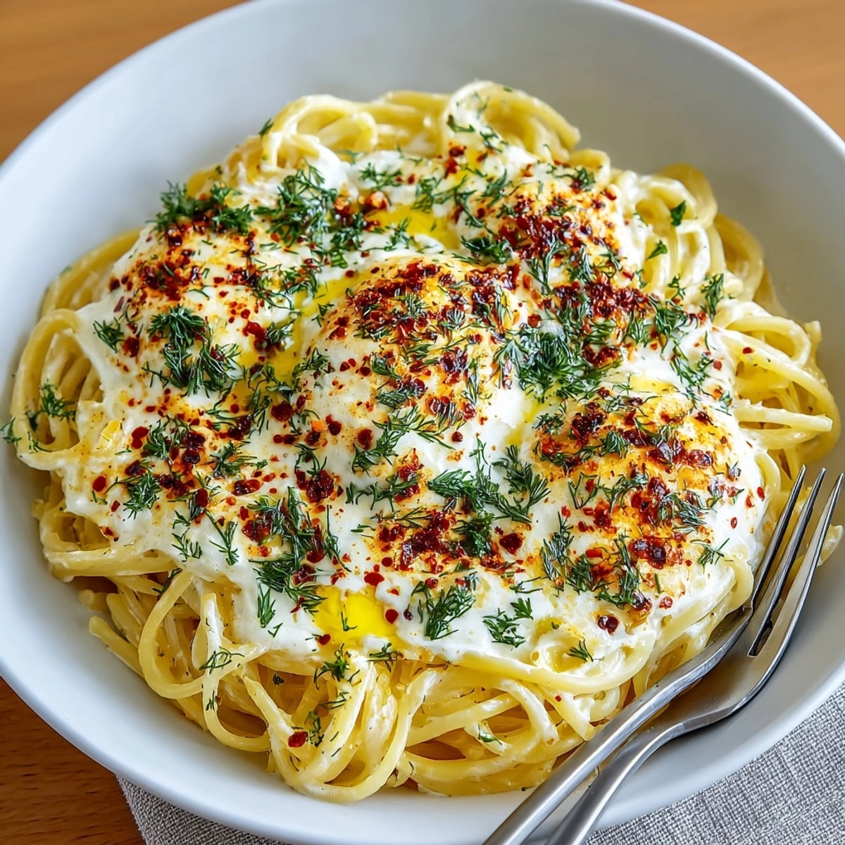 Close-up showcases the flavorful Turkish Garlic Yogurt Pasta, ready to eat with fresh dill.