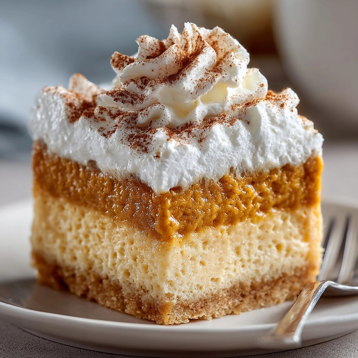 Golden brown Pumpkin Pie Magic Cake—a layered dessert ready to slice and serve.