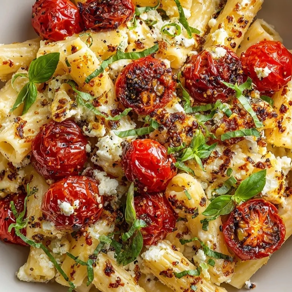 Golden Baked Feta Pasta with Cherry Tomatoes: A bubbling, cheesy Mediterranean delight, ready to serve.