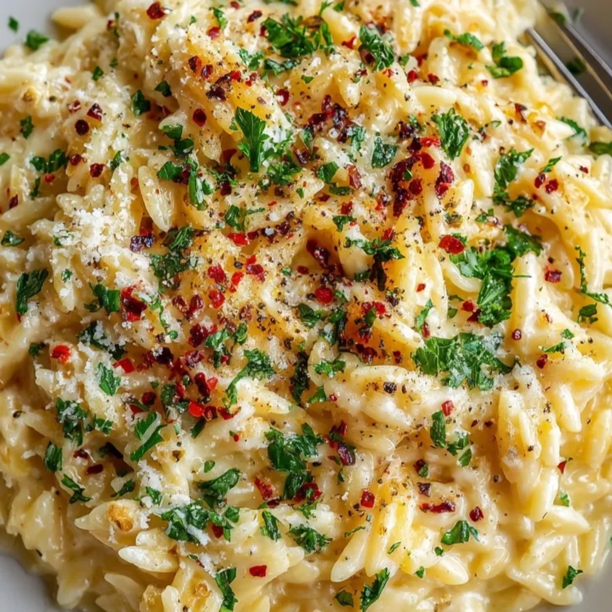 Creamy Garlic Parmesan Orzo: A close-up reveals perfectly cooked orzo bathed in rich sauce.