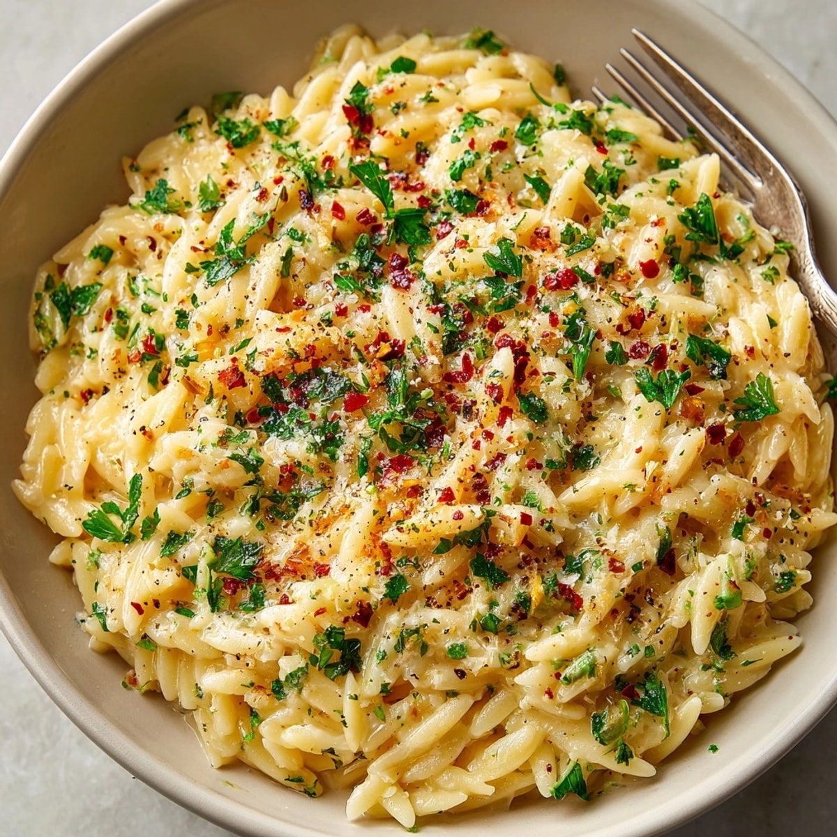 Savory Creamy Garlic Parmesan Orzo recipe &ndash; a cheesy, smooth pasta dish, quick and easy.