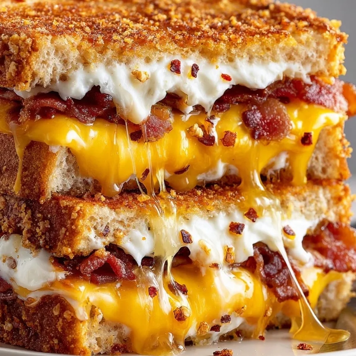 Golden Crispy Bacon Grilled Cheese with Hot Honey being sliced open, cheese oozing.