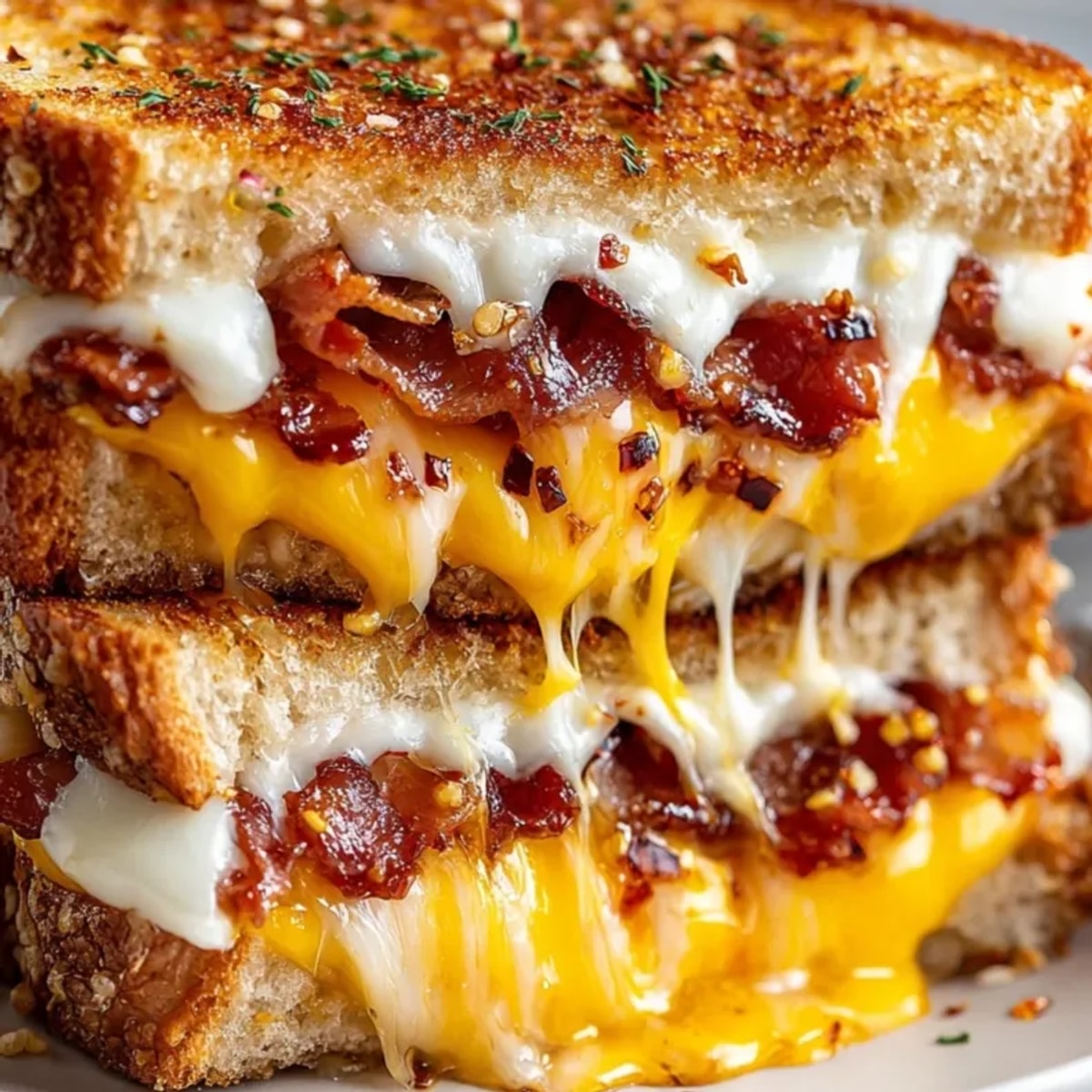 Stacked Crispy Bacon Grilled Cheese with Hot Honey drizzle glistens, ready to eat.